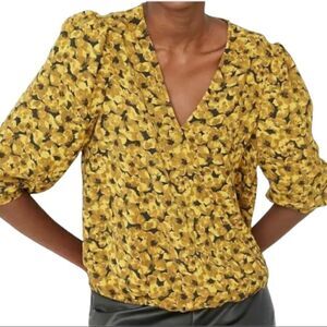 A new day yellow long sleeve v-neck floral wrap blouse